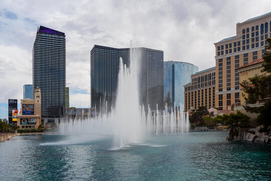 Las Vegas, Nevada - May 17,2023: Lake Bellagio And Fountain With Some Hotels In The Background, The Strip, Las Vegas