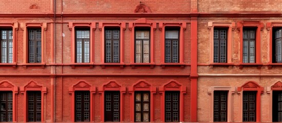Fototapeta premium In City, an old house stood majestically with its vibrant red brick walls, embodying the rich architecture and textured design of the past. Its windows, framed by intricate ceramic details, added pops