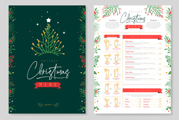 Restaurant Christmas holiday menu design with christmas floral desoration. Vector illustration