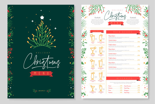 Restaurant Christmas holiday menu design with christmas floral desoration. Vector illustration