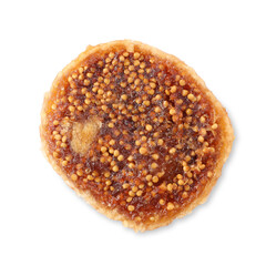 Cut tasty dried fig isolated on white, top view