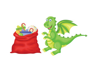 Santa Claus bag with a dragon. Cute Christmas illustration with a picture of a bag of gifts and a cute dragon. Santa Claus s bag. Vector illustration isolated on a white background