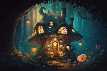 fairy tales house into an enchanted forest at night