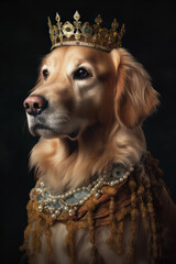golden retriever wearing a crown, dog portrait on dark background in the style of a royal renaissance painting