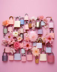 Bunch of Padlocks and flowers.Minimal creative  valentine's concept.Flat lay
