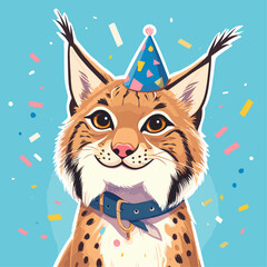 Lynx wearing party hat on a blue background with confetti