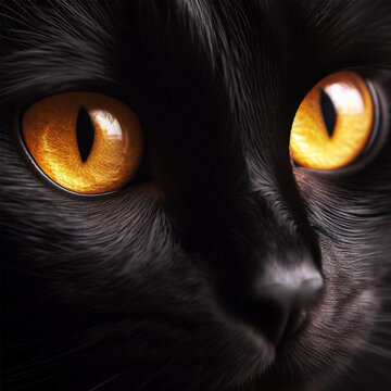 Portrait of black cat eyes close-up macro yellow. Occhi di gatto macro.