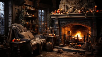 Fototapeta na wymiar Generative Ai. Christmas evening by the fireplace