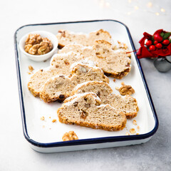 Traditional homemade Christmas stollen with nuts