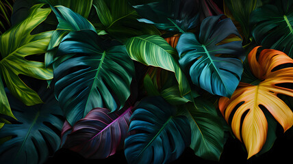 Creative fluorescent color layout made of tropical leaves. Flat lay neon colors. Nature concept - obrazy, fototapety, plakaty