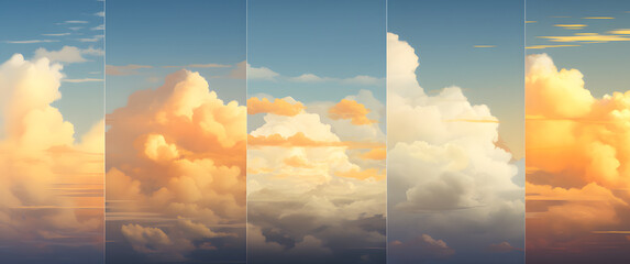 Background of sunrise in the sky, tonal, multi-panel compositions,minimal surreal animation concept