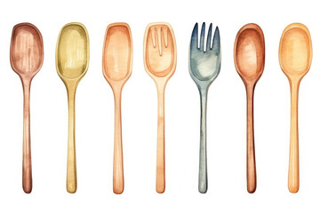watercolor wooden utensil for kitchen zero waste concept background