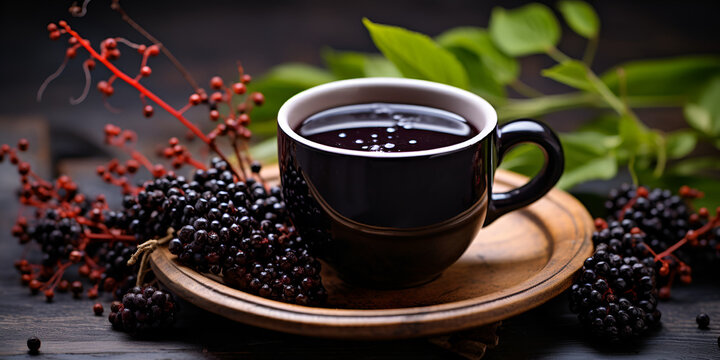 Elderberries juice fruits healthcare stock, black cup of berry tea on the wooden background with green leaves, generative AI
