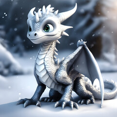 Image of a cute silver dragon on a snowy background	