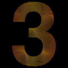 golden number three, wavy line abstract text number 3