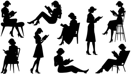 Stylish silhouettes of reading ladies