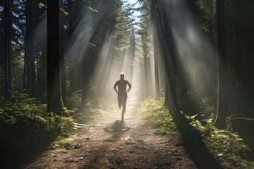 Outdoors lifestyle runners. Man running in nature from behind in dark forest.