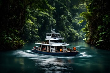 A self-sustaining research vessel navigating a tropical river, conducting studies on water quality and aquatic life.