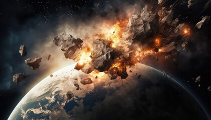 Meteor or space debris blows up the planet , safe nature earth day concept