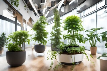 Smart office plants equipped with AI sensors for optimal watering and environmental conditions.