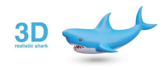 Blue vector shark, side view. Giant predatory fish in cartoon style. 3D vector illustration on white background. Template for children sites, applications