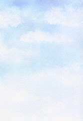 Watercolor light blue background with gradient, sky and clouds, hand-drawn.  Template for decoration and design with space for text. The texture of watercolor on paper. Picturesque panoramic view.