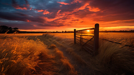 Golden grass by farm gate at sunset