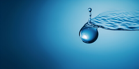 Drop of water falling into a glass, hitting water surface, Water drop micro on blue, Beauty Water, generative ai