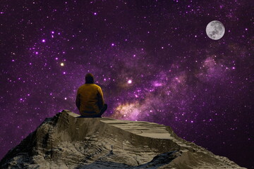person sitting in rocks with space galaxy