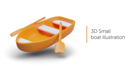 Realistic boat with oars in orange colors. 3d small boat on white background. Transport for swimming. Vector illustration in 3D style with shadow and place for text - obrazy, fototapety, plakaty