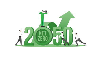 Graph up and business team in the year 2050. A nationally determined contribution, Net Zero emissions