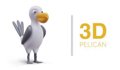 3D pelican in cartoon style. Seabird with capacious yellow beak. Funny character, children toy. Standing bird. Isolated vector illustration. Template for web design