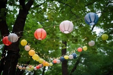 Fototapeta na wymiar variety of paper lanterns strung from trees at a festival