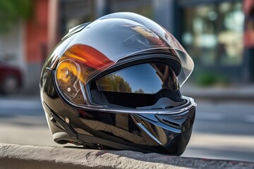 motorcycle helmet resting on a bike handlebar