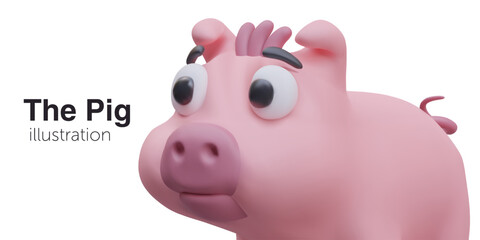 Realistic pink pig snout looking at text. Concept of animal for farm game. Cute cartoon character. Vector illustration in 3d style with place for text