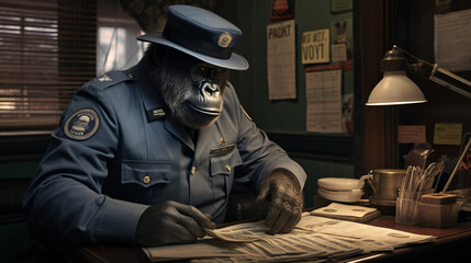 Gorilla dressed as a ticket checker - obrazy, fototapety, plakaty