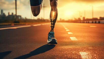Man with prosthetic leg running marathon - obrazy, fototapety, plakaty