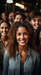 Obraz premium Portrait of smiling young businesswoman standing in front of her team, vertical.