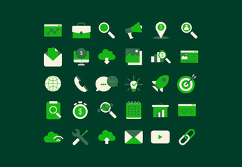 Search Engine Optimization icon set. Containing business and marketing, ranking, traffic, optimization, link and keyword. full color icons vector collection.