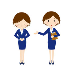 お辞儀をするフレッシュな女性職員と案内係の女性