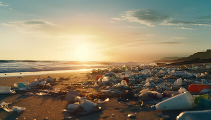The beach at sunset is full of garbage and plastic - obrazy, fototapety, plakaty