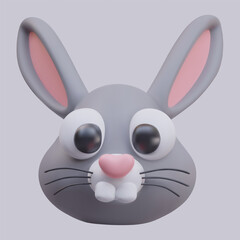 Front view on realistic cartoon hare. Chinese zodiac symbol. Cute mask animal in gray colors. Rabbit toy for store for children. Vector illustration in 3D style