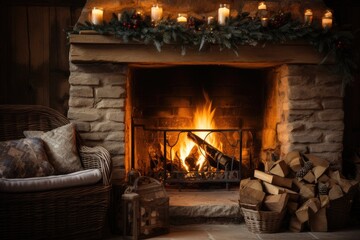 Burning antique fireplace in a cozy rustic hut decorated with Christmas decor.