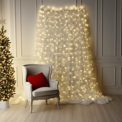 Photo zone with chair, Christmas tree, gifts and garland.New Year's decor. Location for a photo shoot. filming location. Photo studio. Photography..Christmas.Interior.Happy new year.