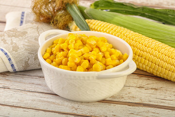 Canned yellow corn in the bowl