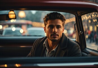 Obraz premium Men in the car looking out through the window, blurred street on the background