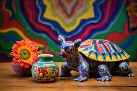 an alebrije turtle on a rustic wooden table with colorful mexican pottery