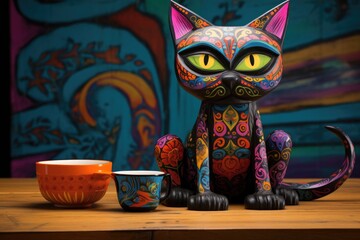 alebrije cat on an old wooden table, with a cup of coffee and a book nearby