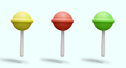Set of yellow, red, green round lollipops. Caramel candy on stick. Realistic sweets, isolated image. Template for web design. Hard color candy whit shadow