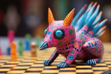close-up of a miniature alebrije on a wooden chessboard, mid-game